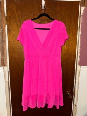 Women's Shimmer V-Neck Midi Dress in Bright Pink